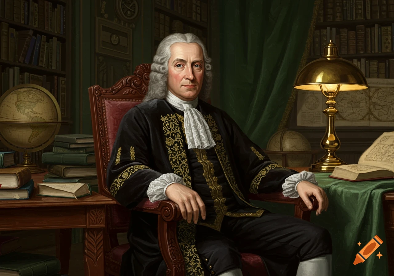 A formal oil painting of a man with white powdered hair in 18th-century attire, seated at a desk in a study with books and a globe.