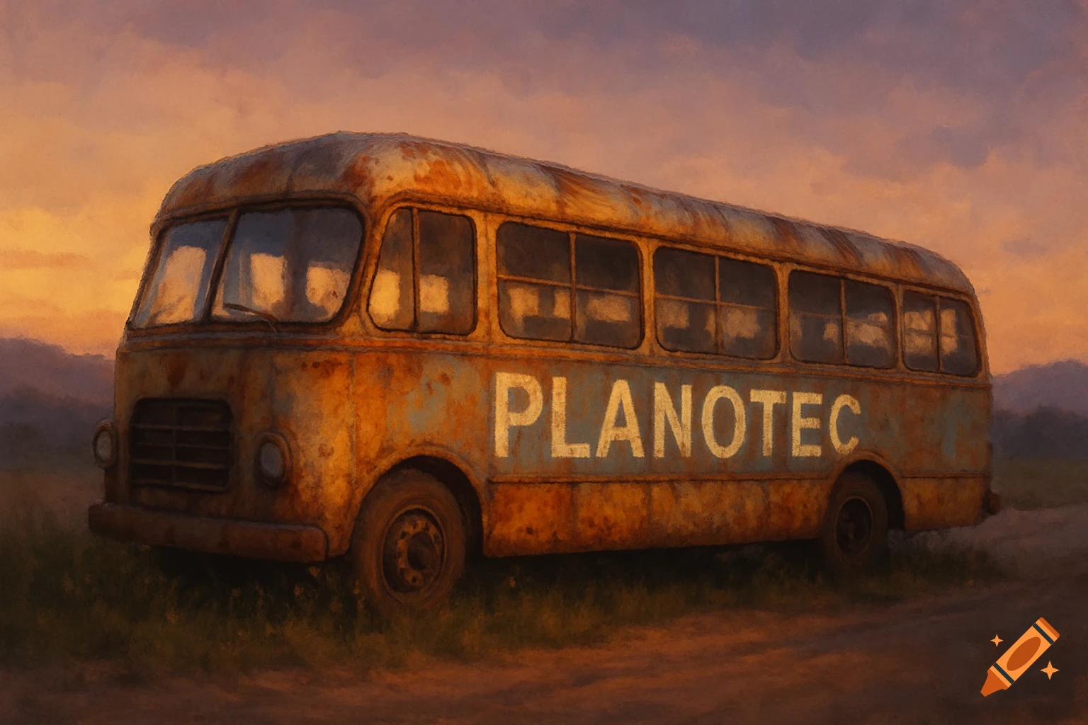 A rusty, old bus with 'PLANOTEC' written on its side, parked in a grassy field at sunset, in a painterly style.