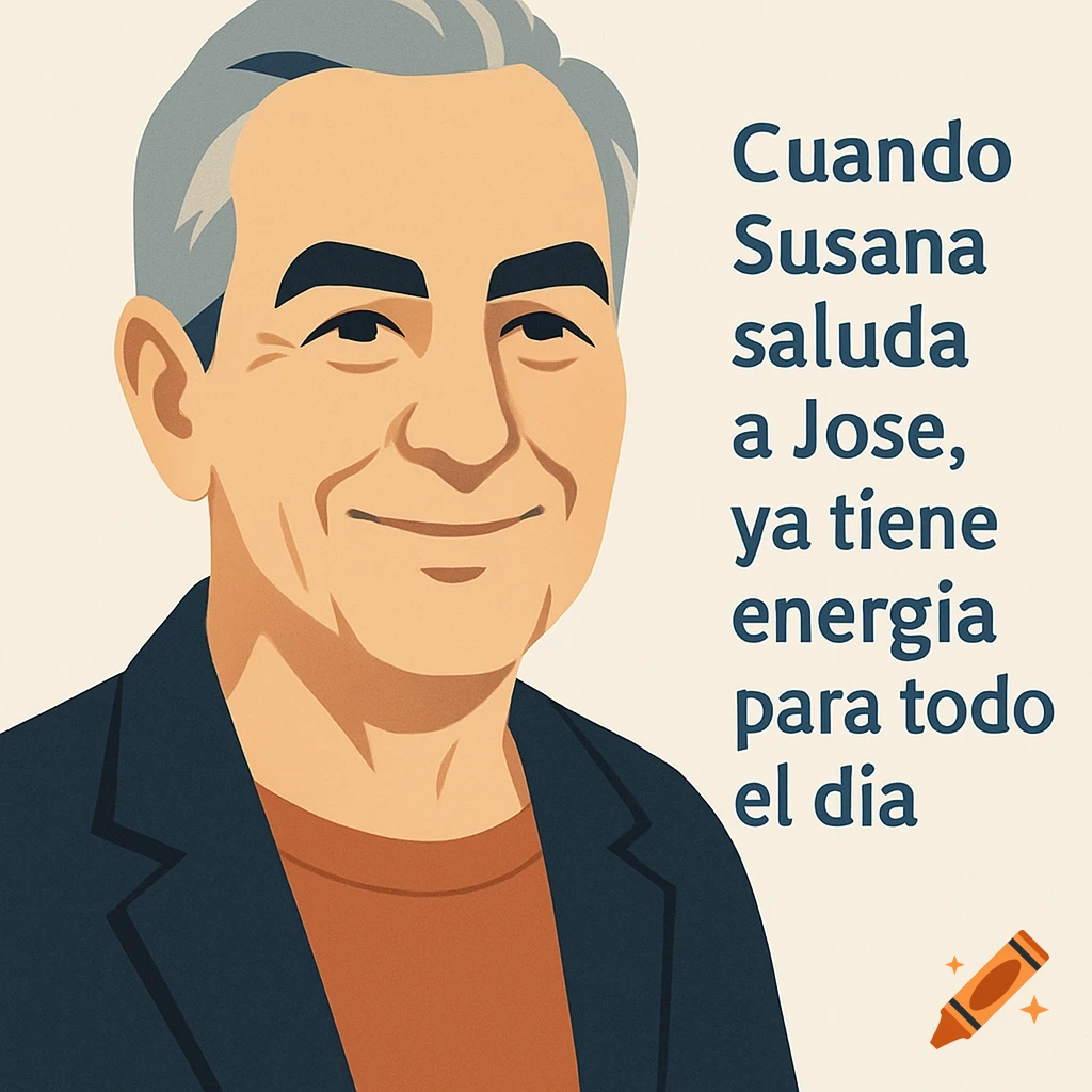 Stylized illustration of a smiling older man with grey hair, alongside a Spanish quote.