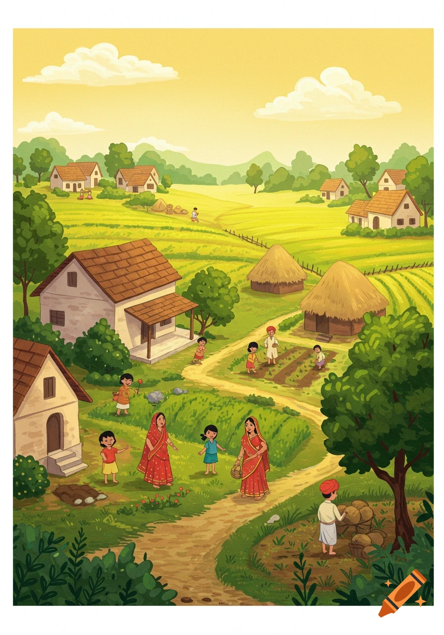 Cartoon illustration of a peaceful Indian village with green fields, simple houses, children playing, and adults farming under warm sunlight.