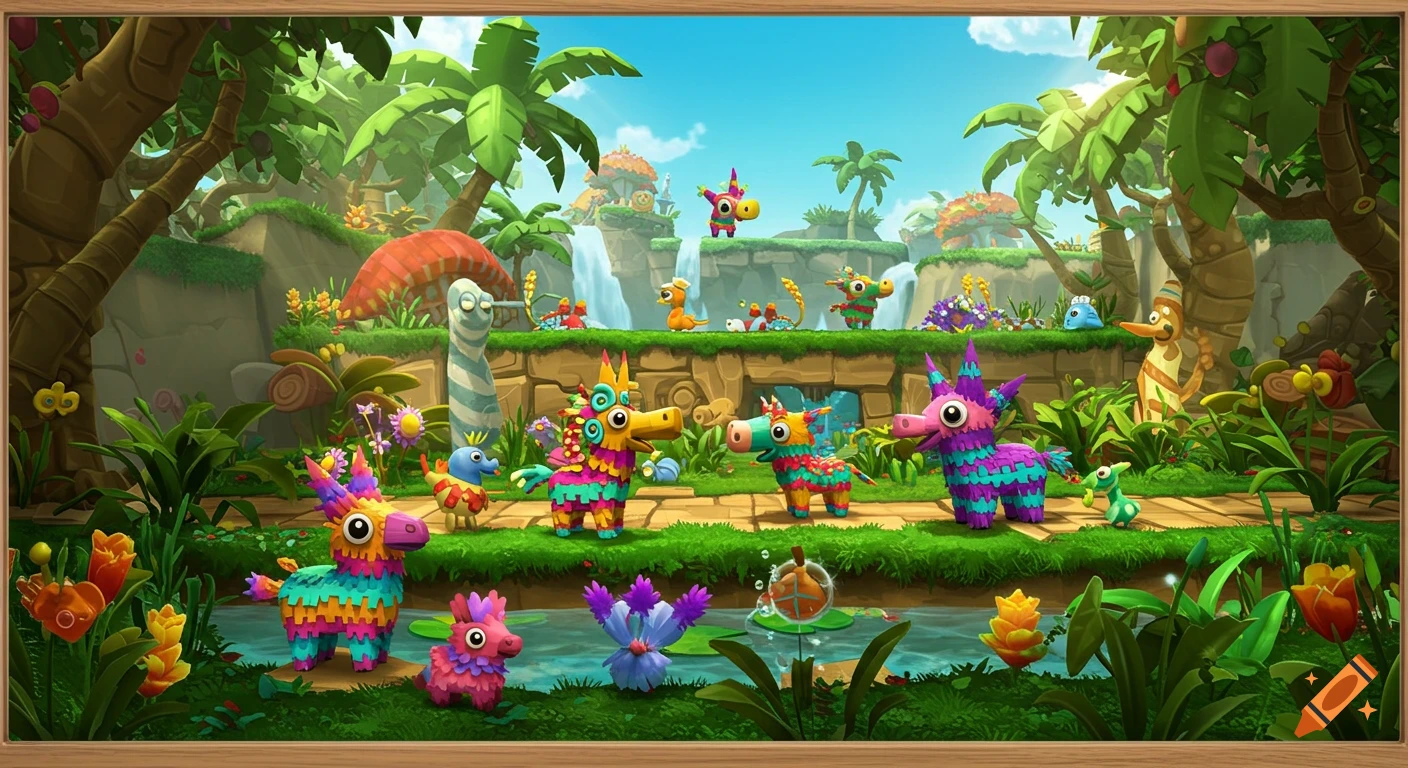 Colorful piñata-like animals inhabit a vibrant, cartoonish jungle with waterfalls, in a video game screenshot style.