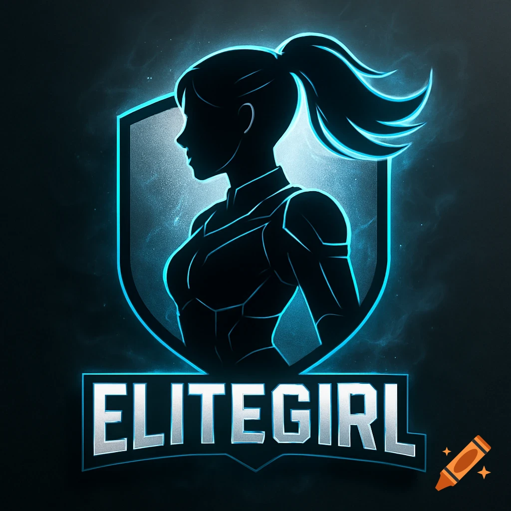 Gaming logo with a black silhouette of a woman in a shield, glowing blue, with 'ELITEGIRL' text below.