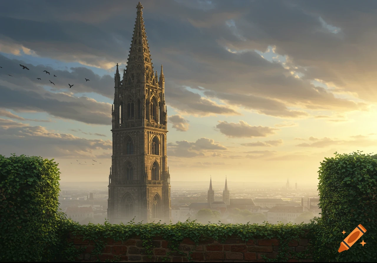 A towering gothic cathedral steeple overlooks a misty cityscape at sunrise, framed by ivy-covered walls.