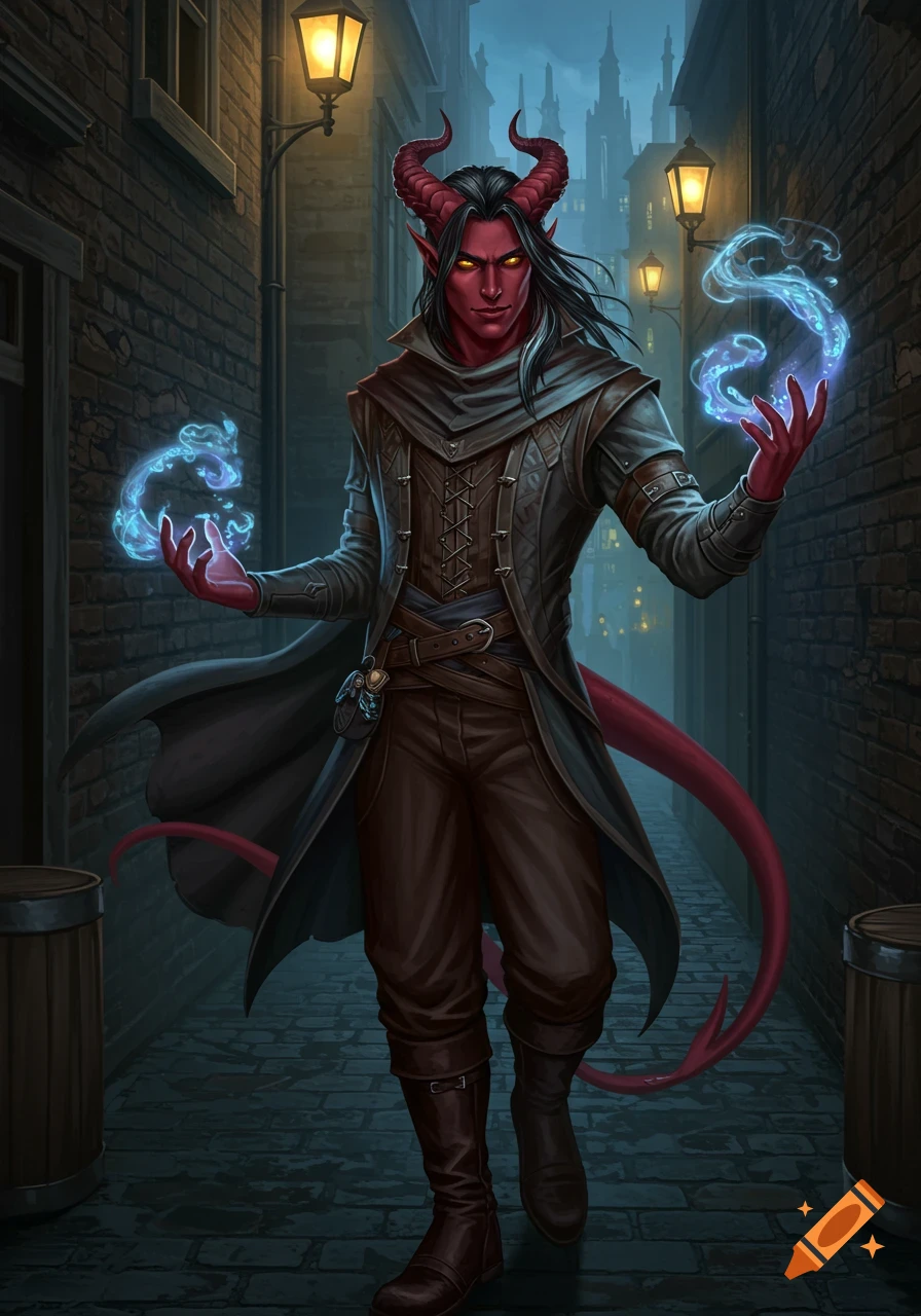 A red-skinned male tiefling with horns and a tail stands in a dark alley, conjuring blue magic in his hands.