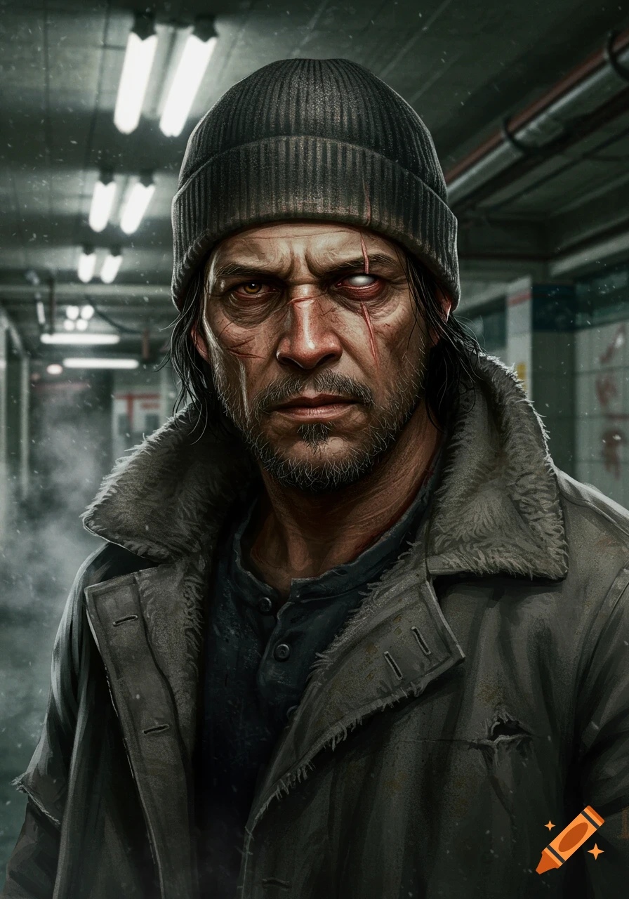 A stern man with a beanie, long dark hair, a scarred face, one brown eye, and one white eye, wearing a winter coat, against a blurry post-apocalyptic metro background.