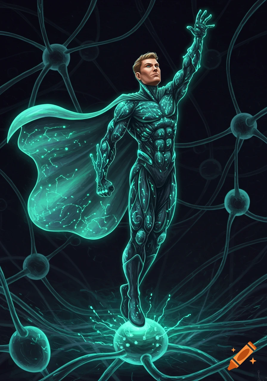A muscular superhero in a glowing teal, biomechanical suit and cape rises from a glowing neuron amidst a neural network.