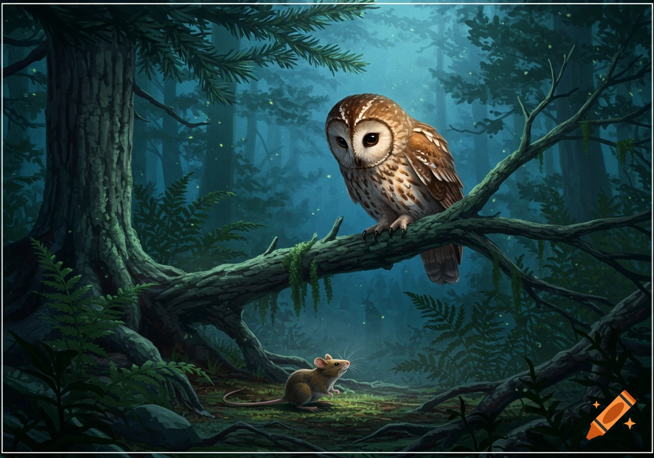 A tawny owl on a branch looks down at a mouse on the forest floor in a dark, misty forest illustration.
