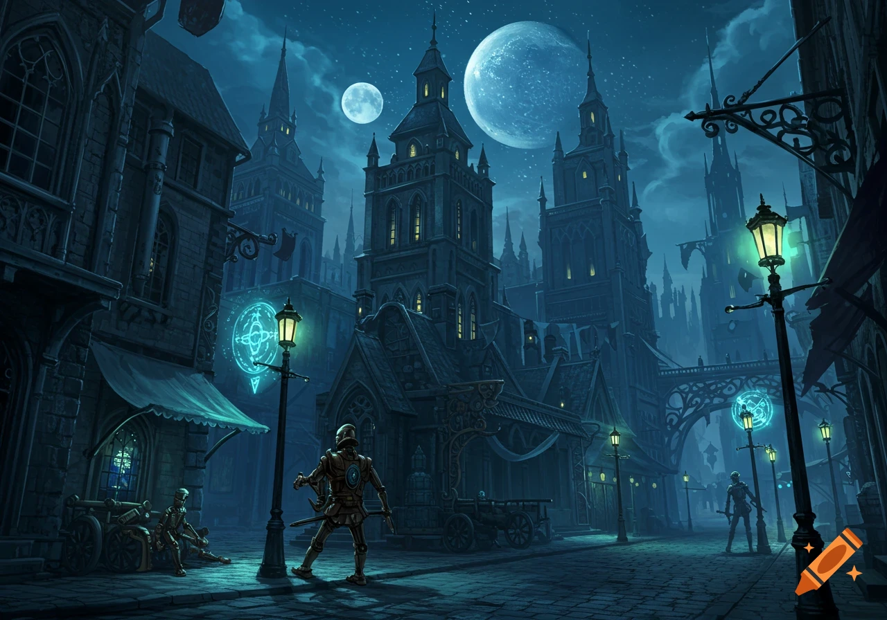 A dark gothic steampunk city at night with large moons in the sky, intricate spired buildings, and automatons on the cobblestone street.