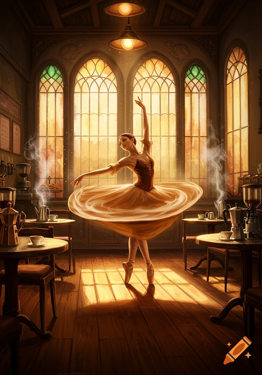 A ballerina twirls in a sun-drenched cafe with large arched windows, coffee pots, and tables, in a painting style.