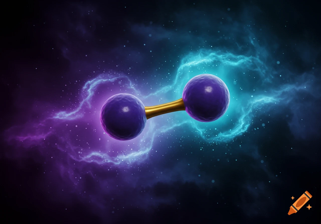 Stylized molecule with two purple spheres connected by a gold bar against a vibrant purple and blue cosmic nebula.