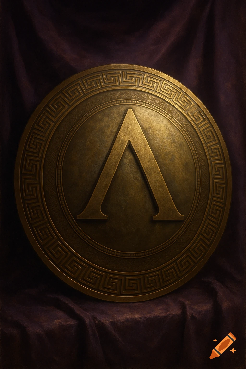 A photorealistic image of a bronze Spartan shield featuring a prominent Greek Lambda symbol, resting on draped royal purple fabric.