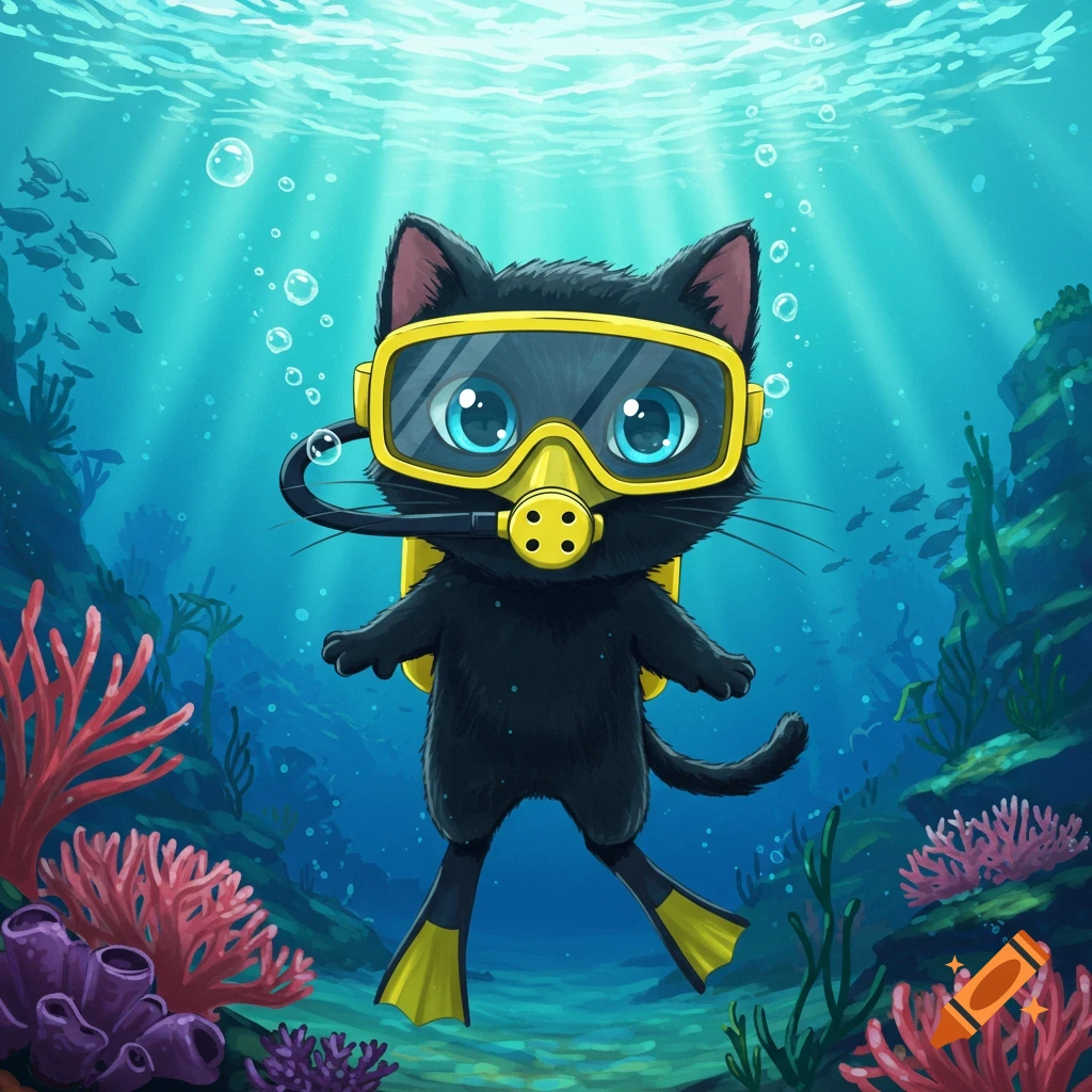A cheerful cartoon black cat with big blue eyes and yellow scuba gear swims underwater amongst coral and fish.