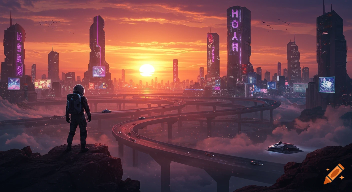 An astronaut stands on a rock overlooking a vibrant, sprawling dystopian cyberpunk city at sunset, with elevated highways and futuristic buildings in the mist.