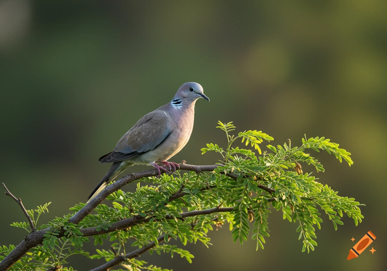 A photorealistic image of a grey and white dove perched on a branch with green leaves against a soft green background.