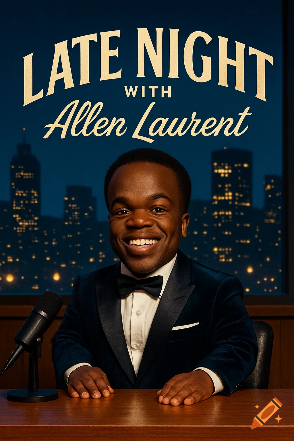 A Black man with dwarfism in a tuxedo smiles behind a desk, with "LATE NIGHT WITH Allen Laurent" text and a city skyline background.