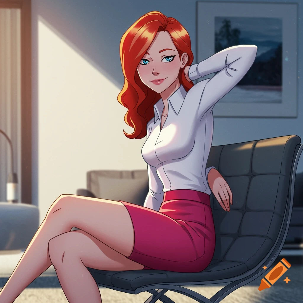 Anime style portrait of a red-haired woman in a white blouse and pink miniskirt sitting on a chair, smiling.
