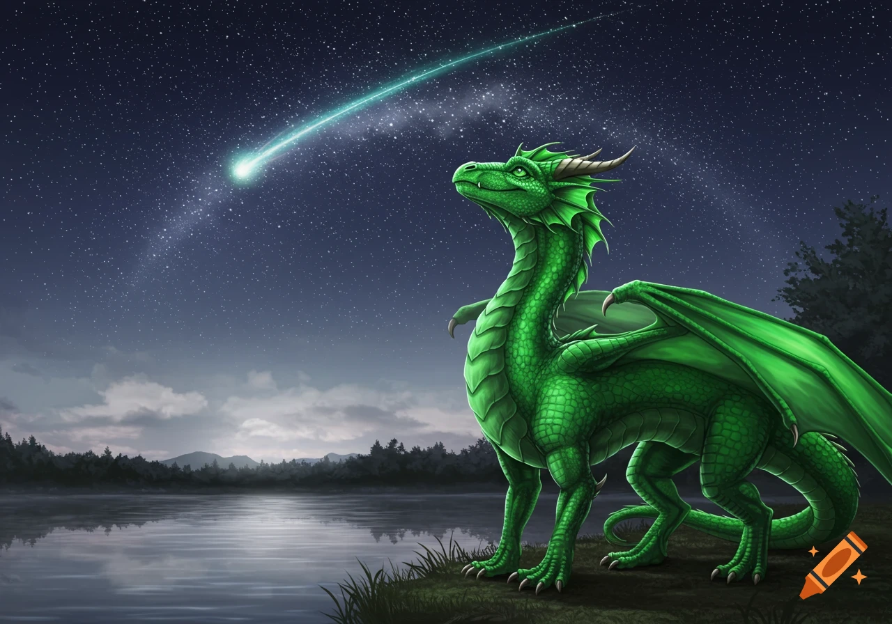 A majestic green dragon with emerald eyes looks up at a bright shooting star in a starry night sky, standing by a calm lake.
