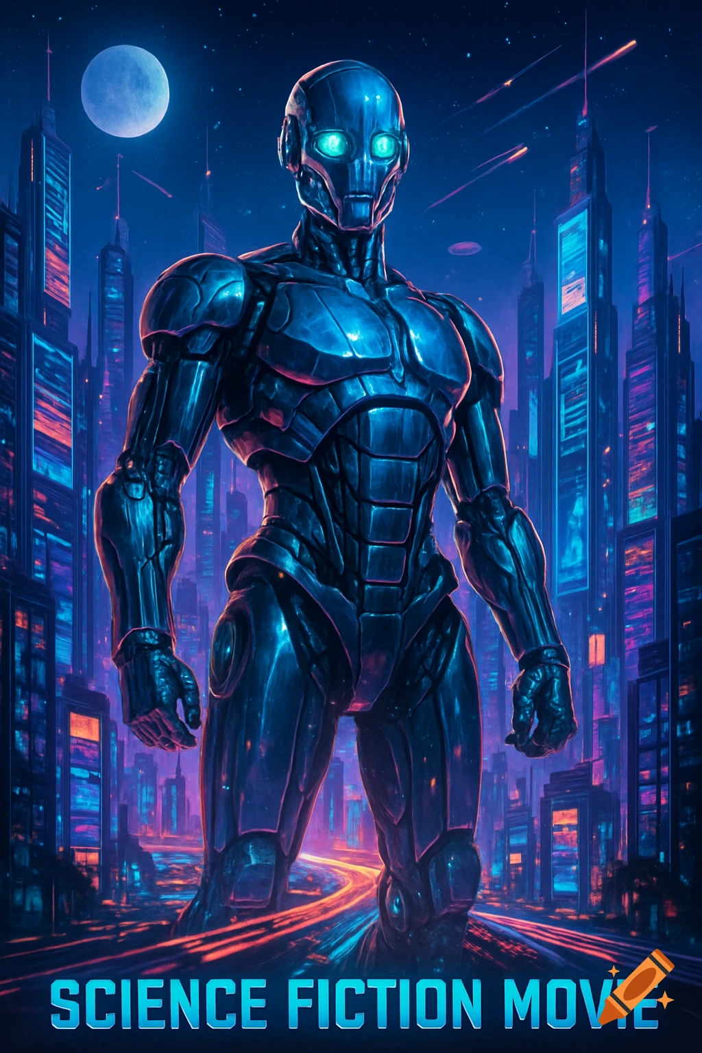 A large metallic blue robot stands in a futuristic city at night under a full moon, with 'SCIENCE FICTION MOVIE' text at the bottom, in a movie poster style.