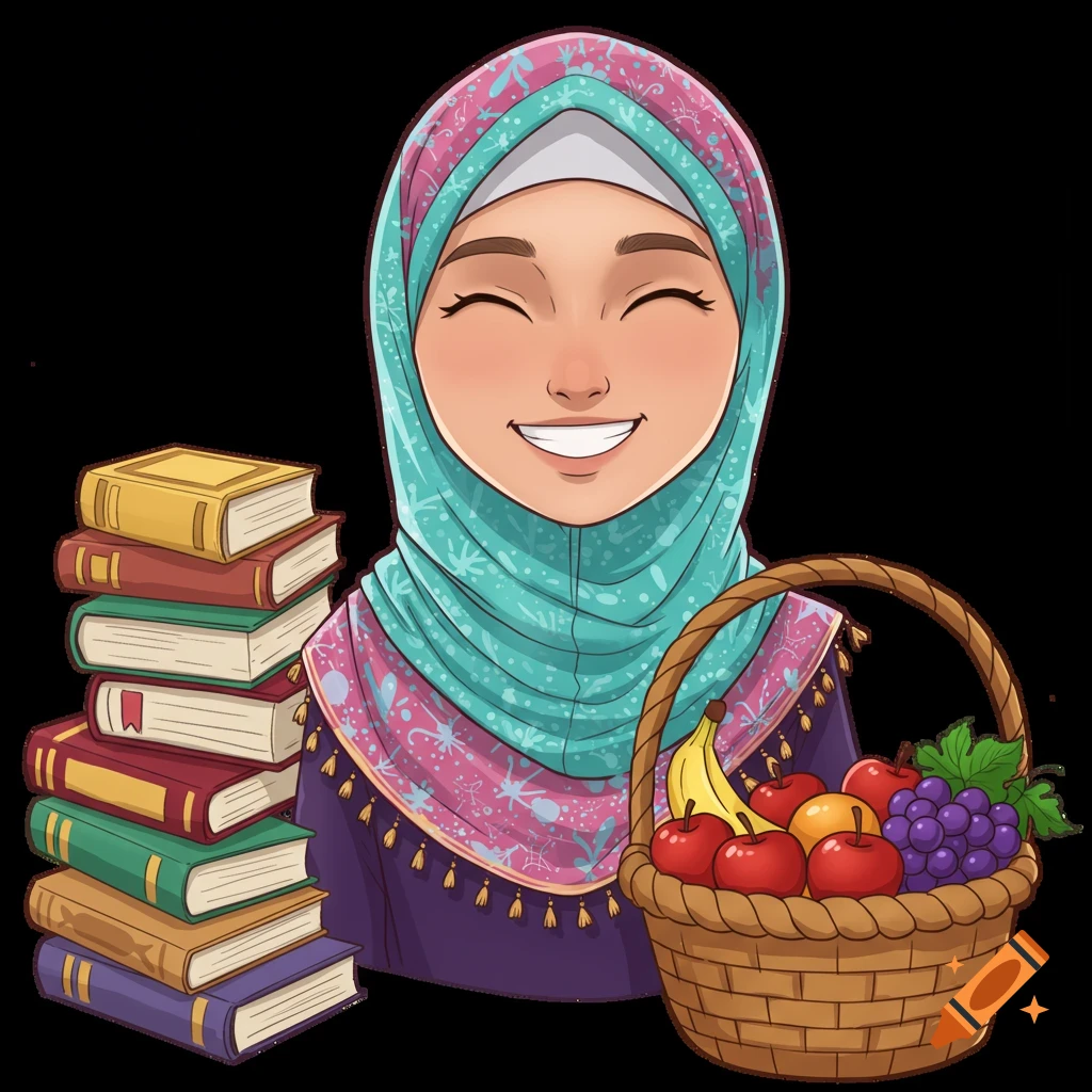 Cheerful cartoon teenage girl in a colorful hijab, smiling happily with a stack of books and a fruit basket, cartoon illustration.