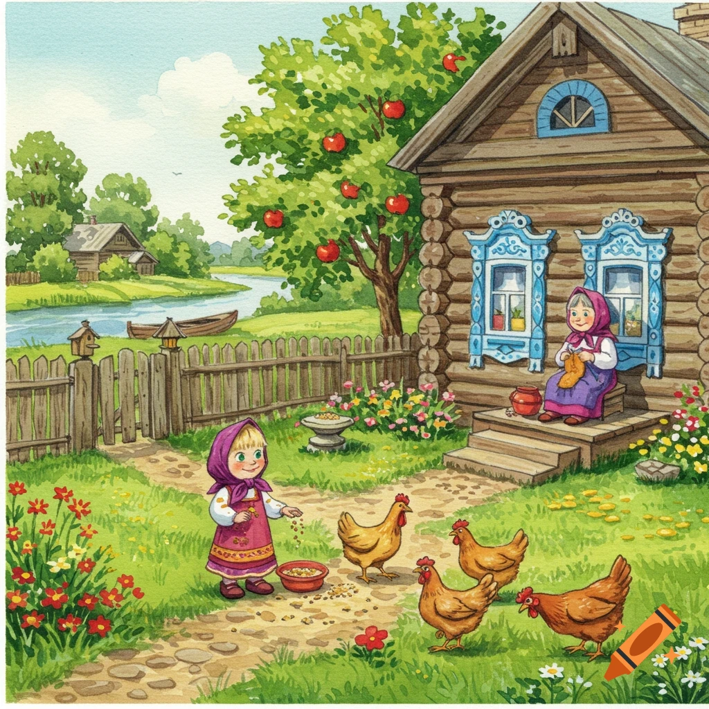 Watercolor illustration of a girl feeding chickens in a rustic village, with an old woman knitting on a porch and a river nearby.
