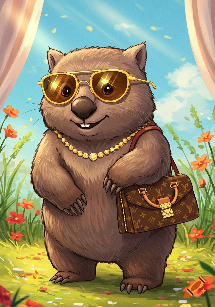 A cartoon wombat wearing gold sunglasses and a pearl necklace, holding a Louis Vuitton handbag, stands in a sunny field.