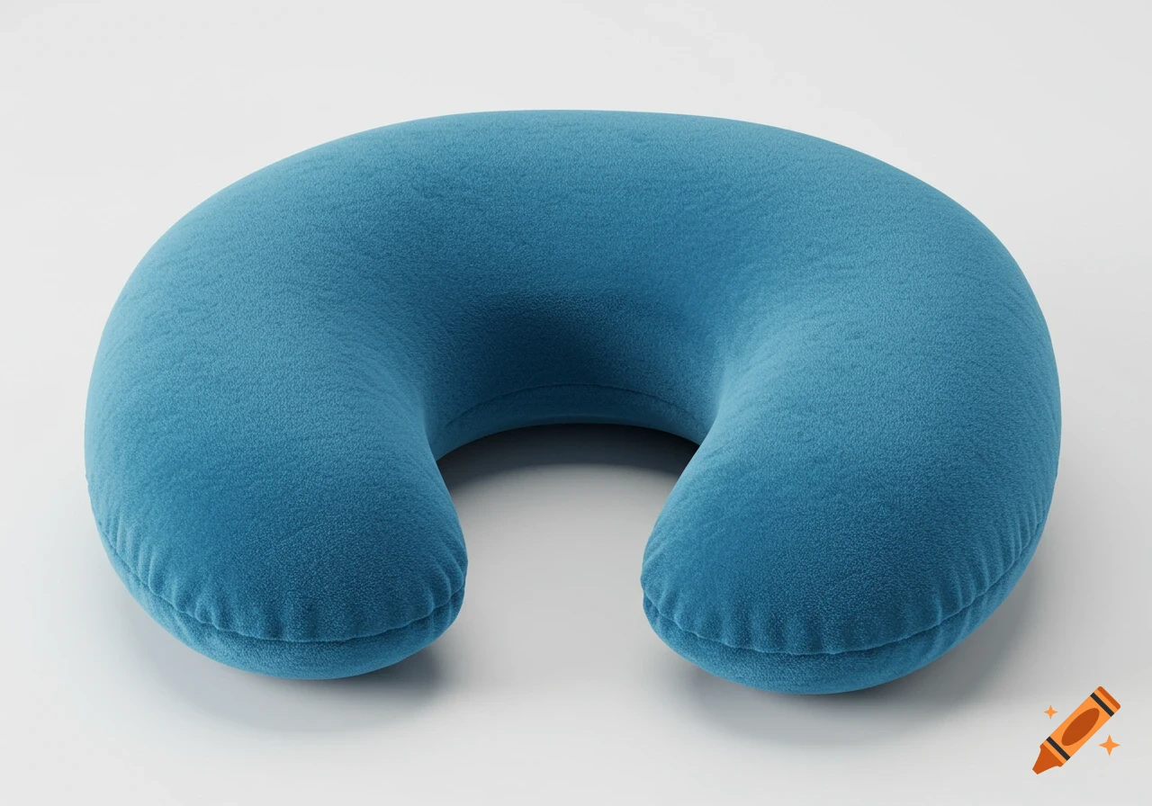 A vibrant blue U-shaped travel pillow with a velvety texture on a minimalist white background.