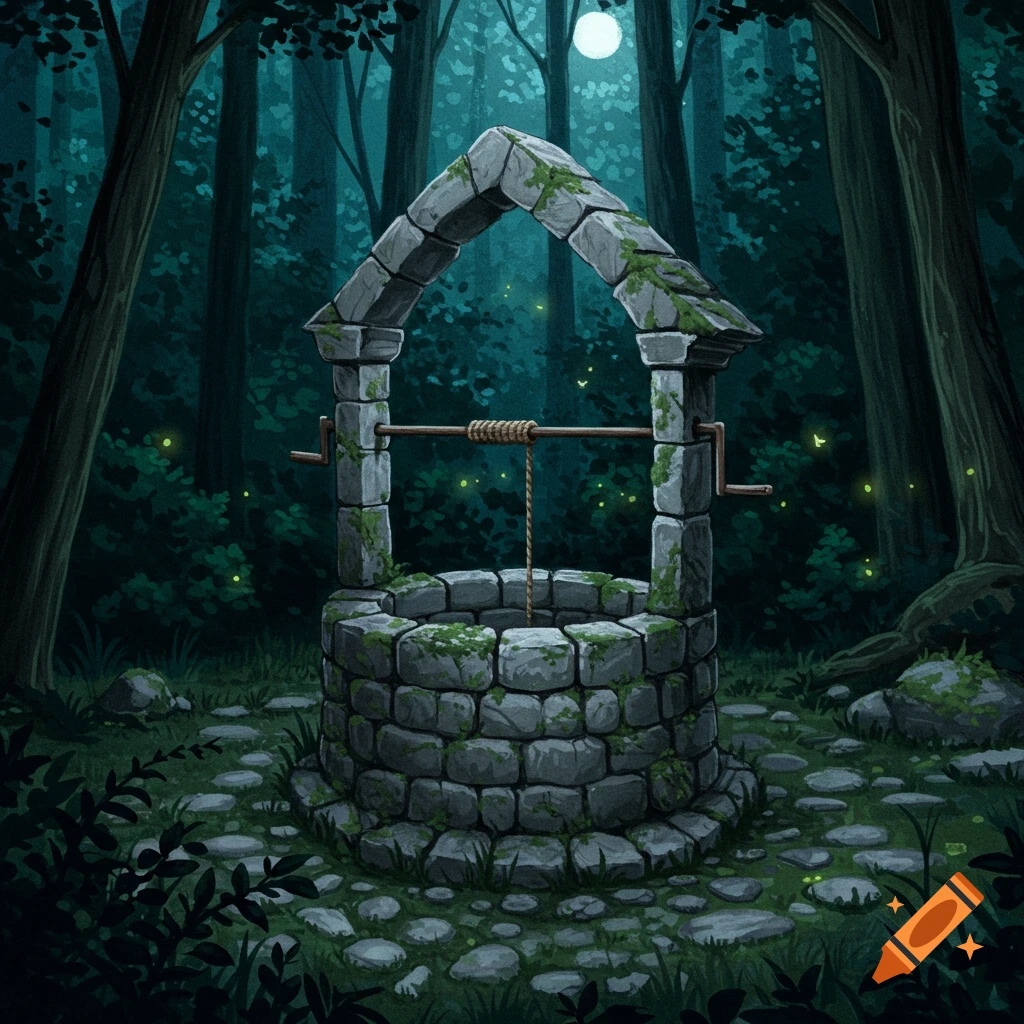 Colored pencil drawing of a mossy stone well in a dark, moonlit forest with glowing fireflies.