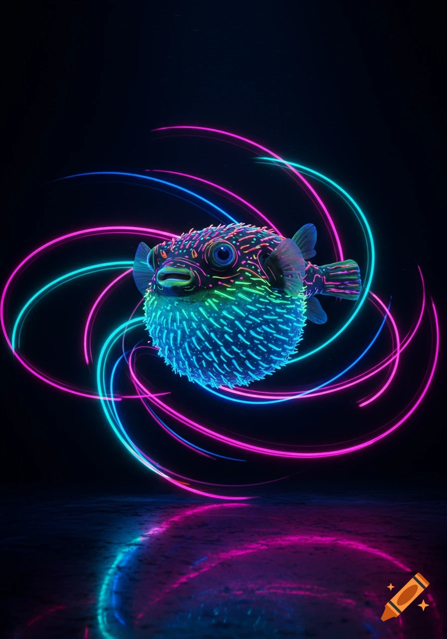 A vibrant neon pufferfish with glowing spikes floats in a dark space, surrounded by swirling pink and blue light trails.