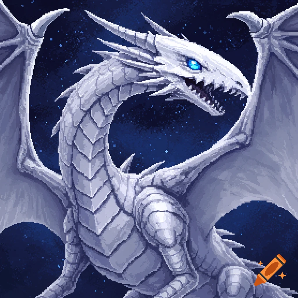 A white dragon with bright blue eyes in pixel art style, against a dark blue, starry background.