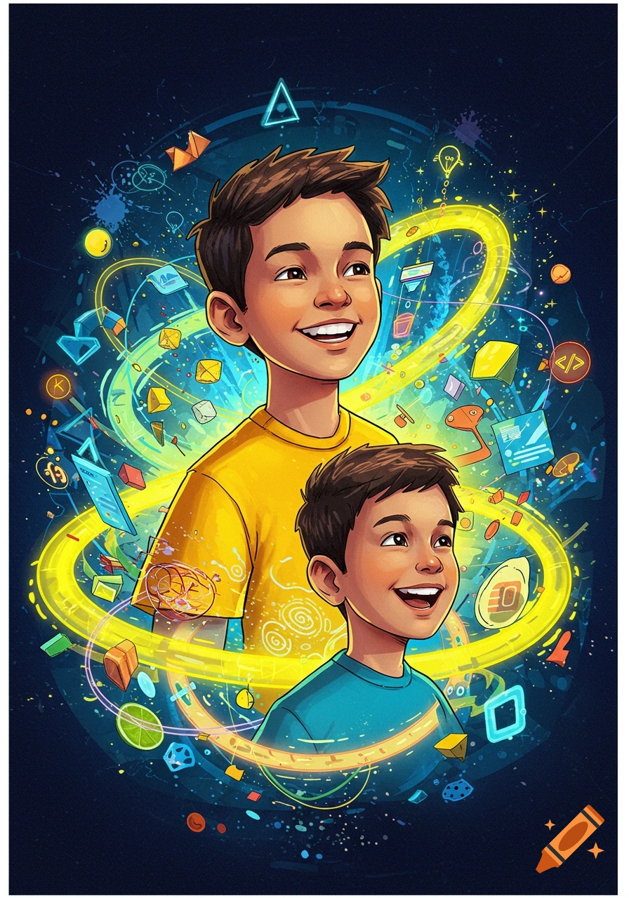 An illustration of two happy boys surrounded by glowing abstract shapes and coding symbols, representing learning and creativity.