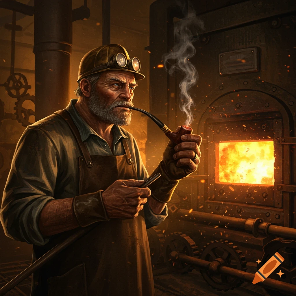 A grizzled man with a beard and hard hat smokes a pipe in a dark industrial workshop with a glowing furnace and gears.