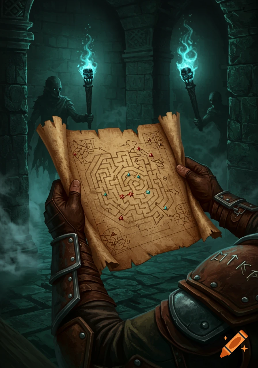 An adventurer's gloved hands hold a detailed maze map in a dark, haunted dungeon with glowing blue torches and shadowy figures.