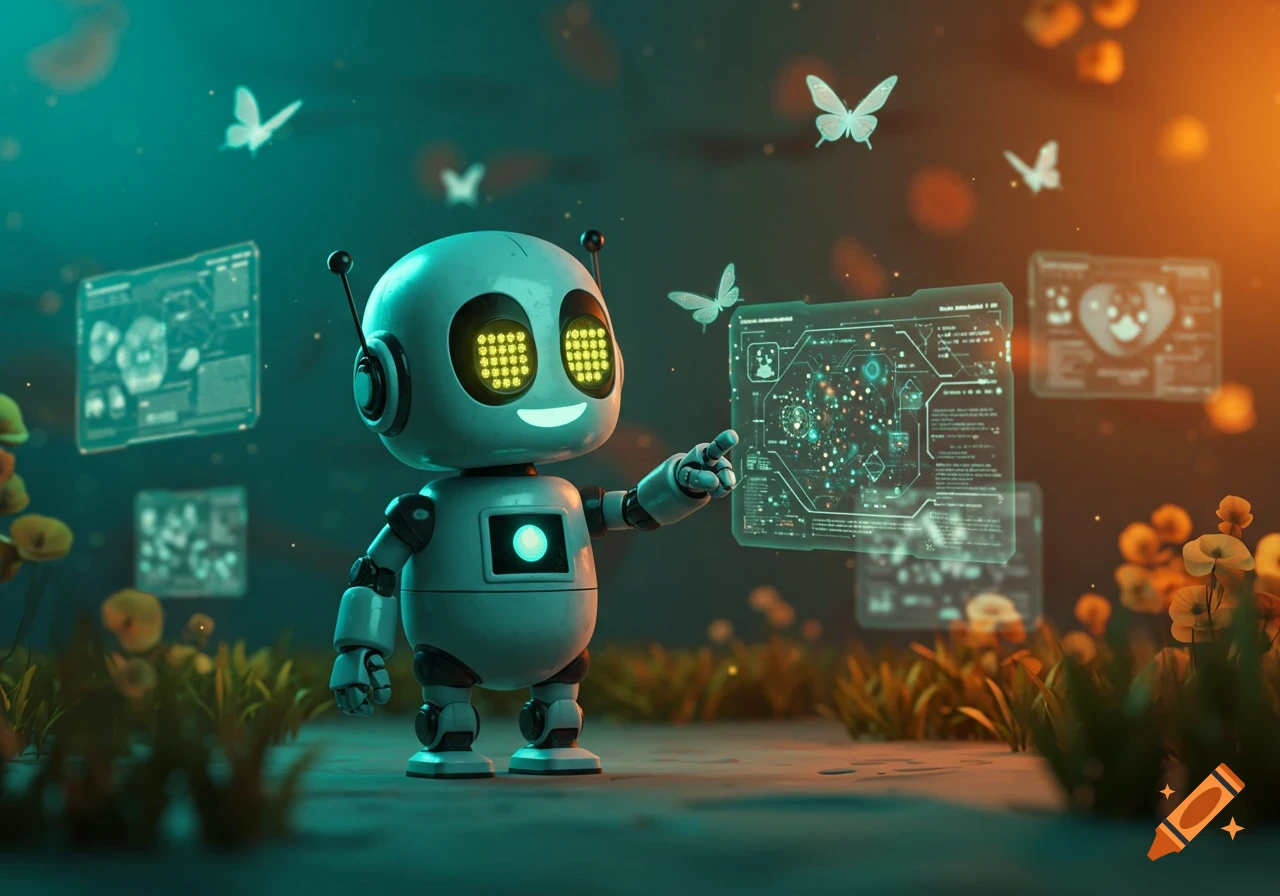 A cute robot with glowing eyes points at a holographic data screen, surrounded by butterflies in a glowing futuristic landscape.