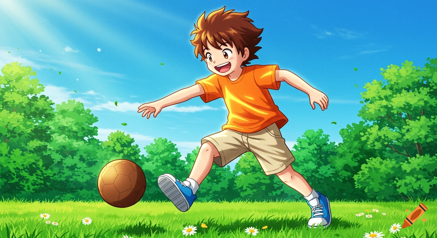 Anime boy in orange shirt and beige shorts kicks a brown football in a grassy field under a blue sky.