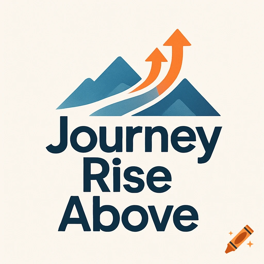 A modern logo with blue mountains and orange upward-curving arrows, above the text 'Journey Rise Above' in dark blue.