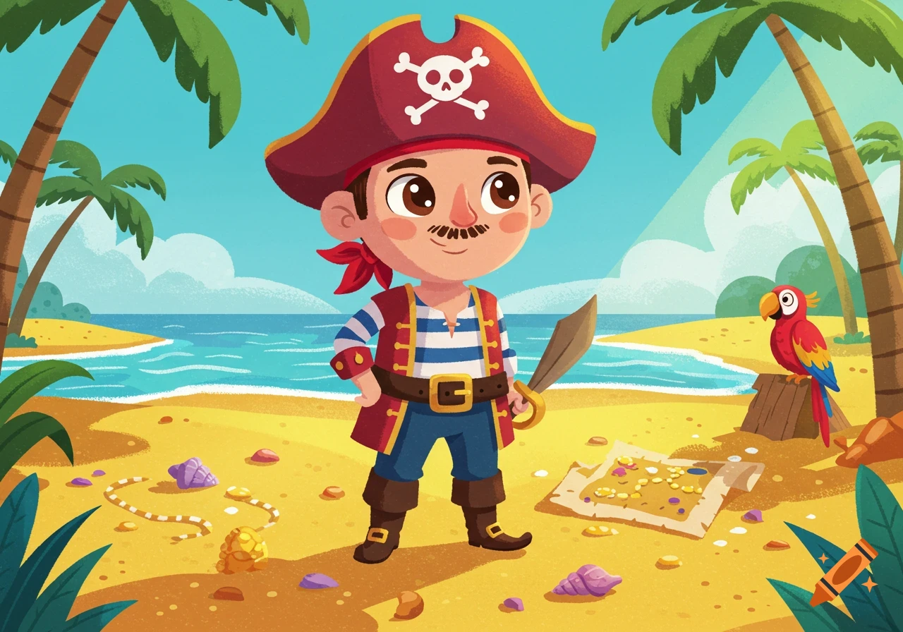 Vector art illustration of a cute cartoon pirate on a sunny beach with palm trees, a parrot, and a treasure map.