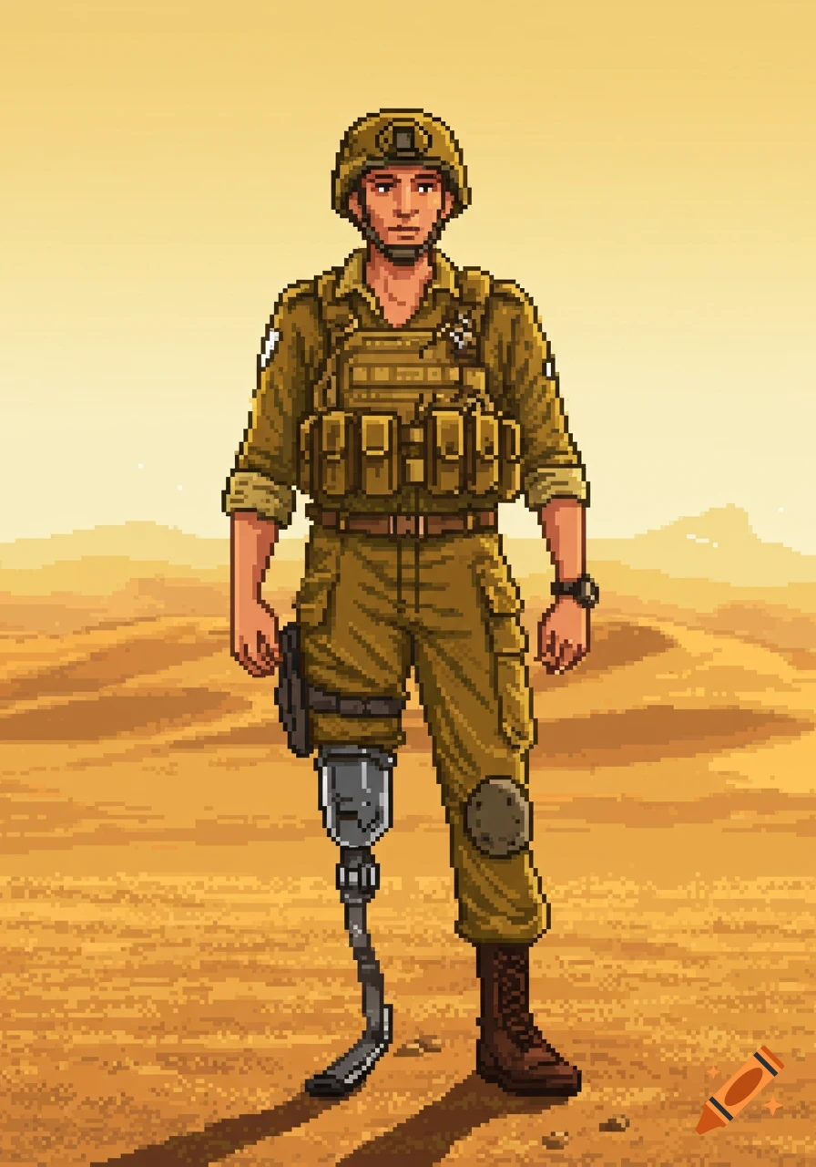 A pixelated IDF soldier with a prosthetic leg stands in a desert landscape.