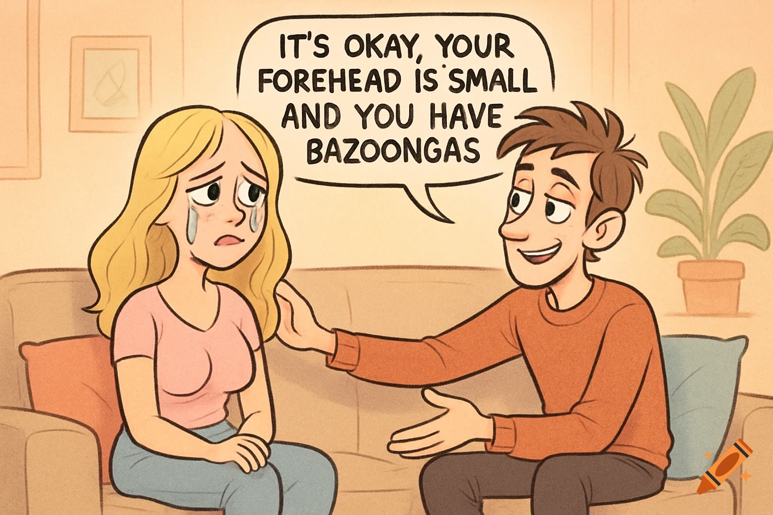 A cartoon man comforts a crying blonde woman on a couch, saying "It's okay, your forehead is small and you have bazoongas"
