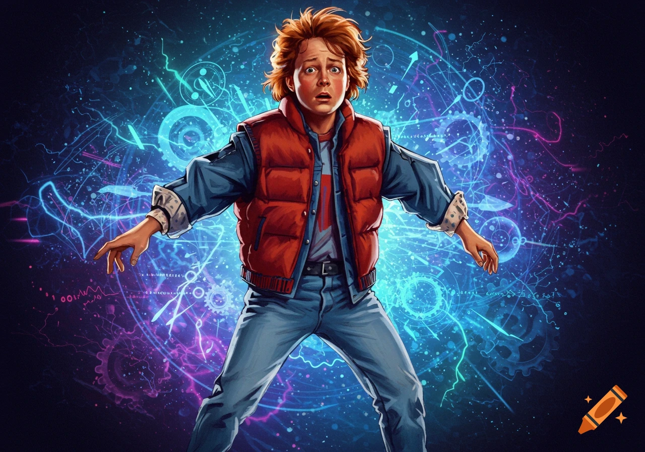 An illustration of Marty McFly in his iconic red vest and denim, with wild auburn hair, standing against a vibrant, futuristic blue and purple background with glowing circuit-like patterns.