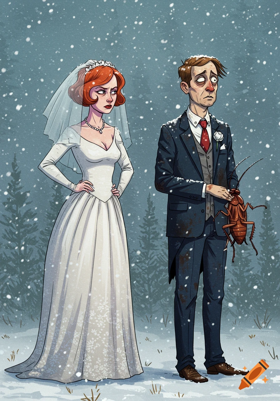 A detailed cartoon illustration of an angry bride and a miserable groom holding a giant cockroach in a snowy winter scene.
