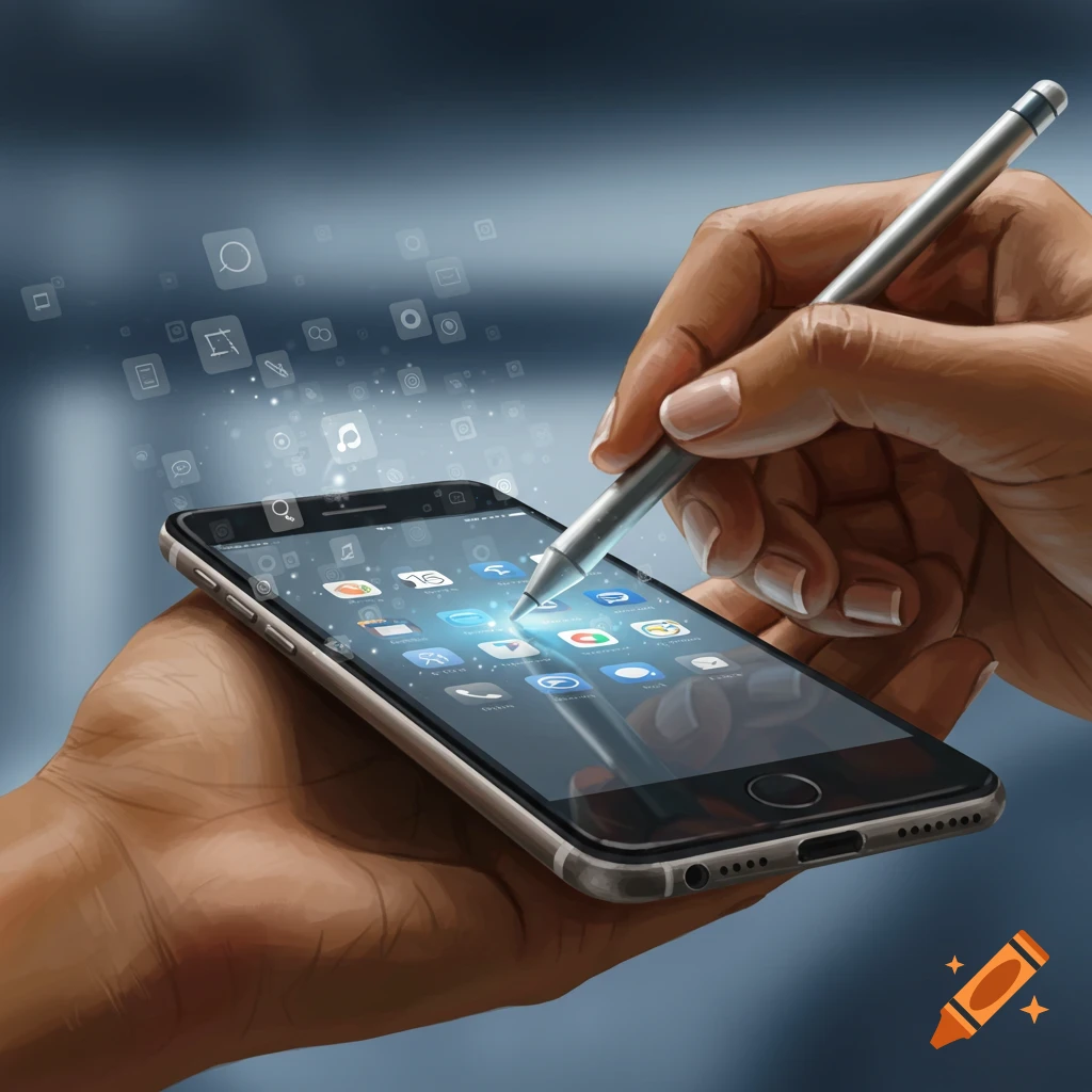 Digital illustration of hands using a stylus on a smartphone screen with app icons and glowing effects.