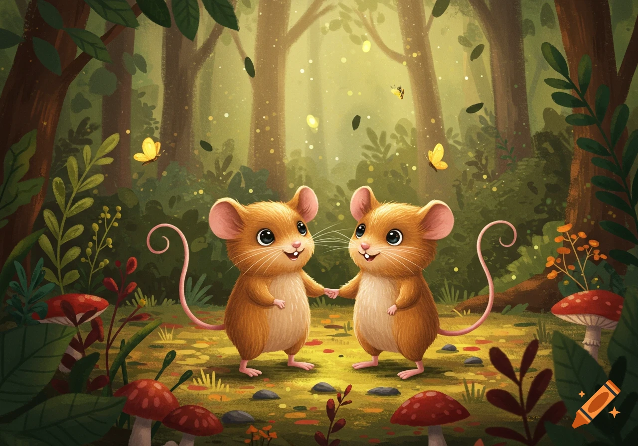 Two cute cartoon mice holding hands in a magical forest with mushrooms, butterflies, and sparkling lights.
