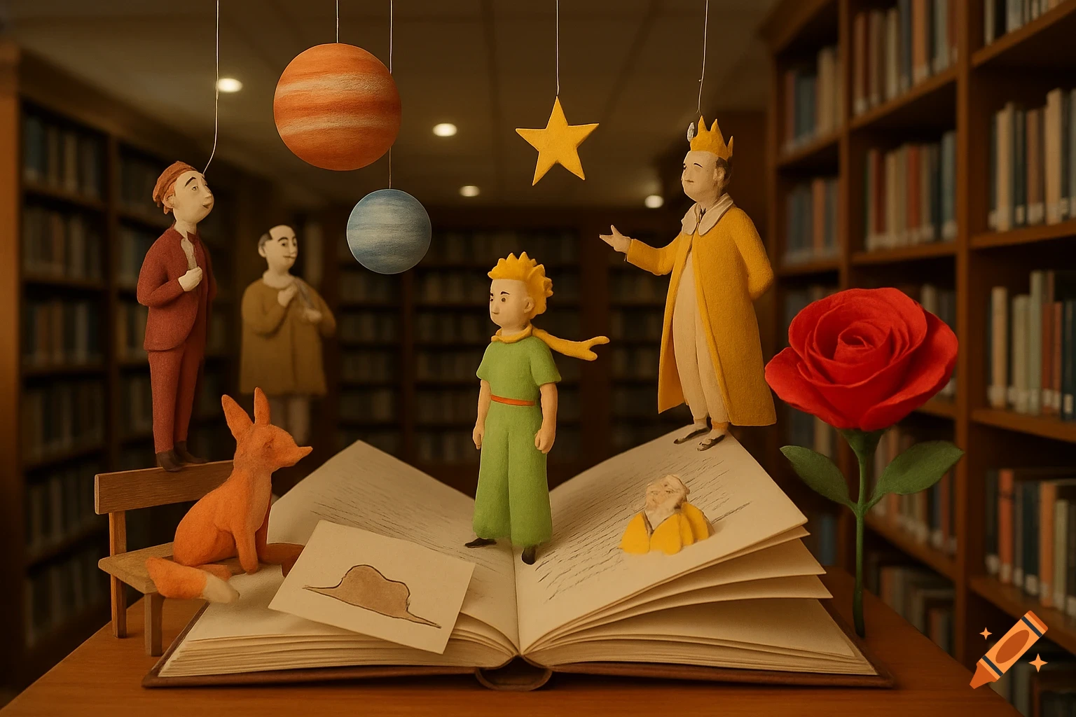 Diorama of Little Prince characters (the Prince, King, Fox, pilot's drawing, Rose) on an open book in a library, with hanging planets.