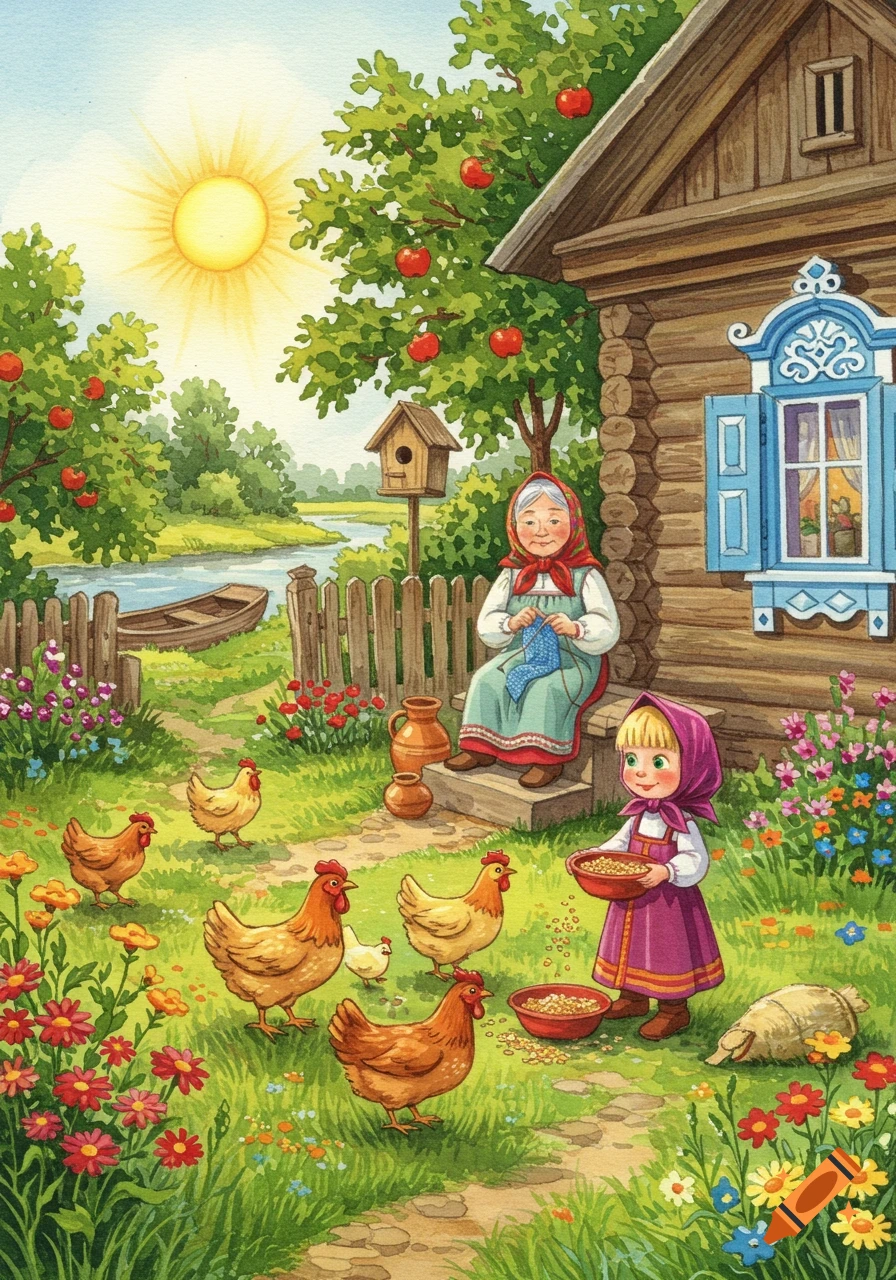 A watercolor illustration of a girl feeding chickens in a sunny village garden with her grandmother knitting on a porch.