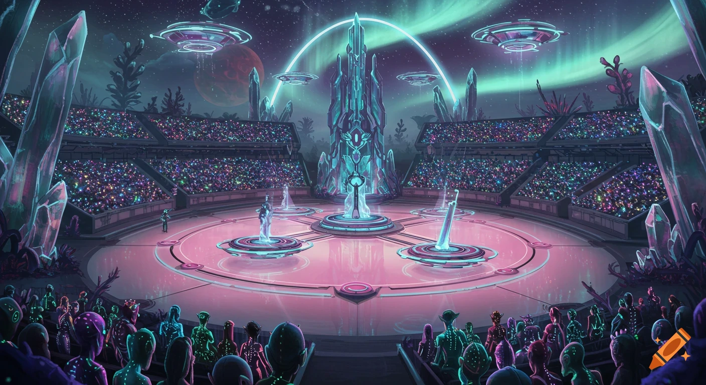 A vibrant alien gladiatorial arena under a starry sky with aurora, glowing crystals, UFOs, and a crowd of alien spectators.
