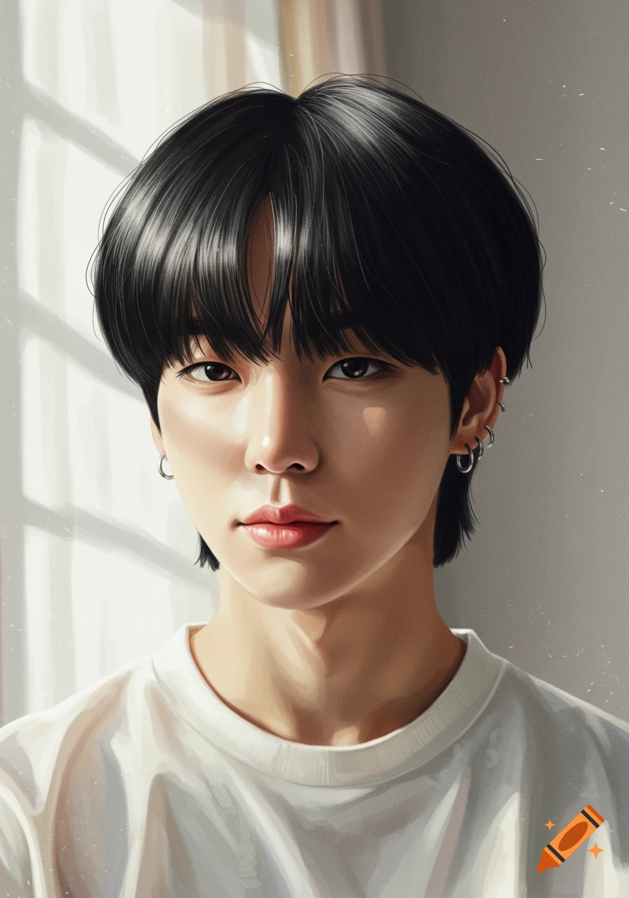 Digital painting of a young East Asian man with black hair and hoop earrings, looking forward in soft window light.