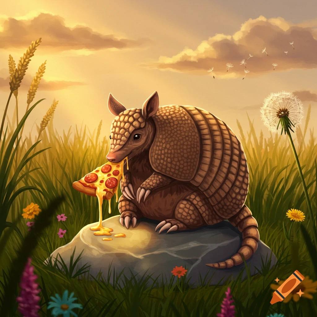 An illustrated armadillo sits on a rock in a grassy field, eating a cheesy slice of pepperoni pizza at sunset.