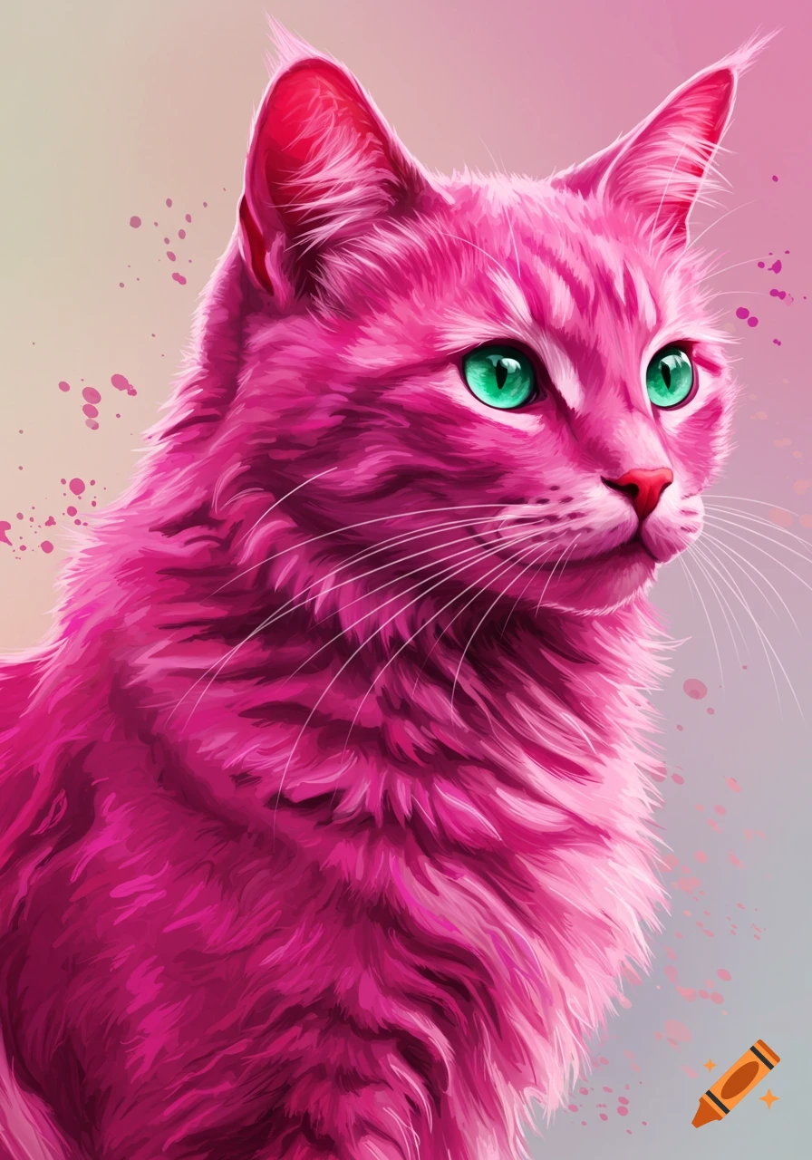 An abstract close-up portrait of a fluffy pink cat with bright green eyes, looking to the right. The background has subtle pink paint splatters.
