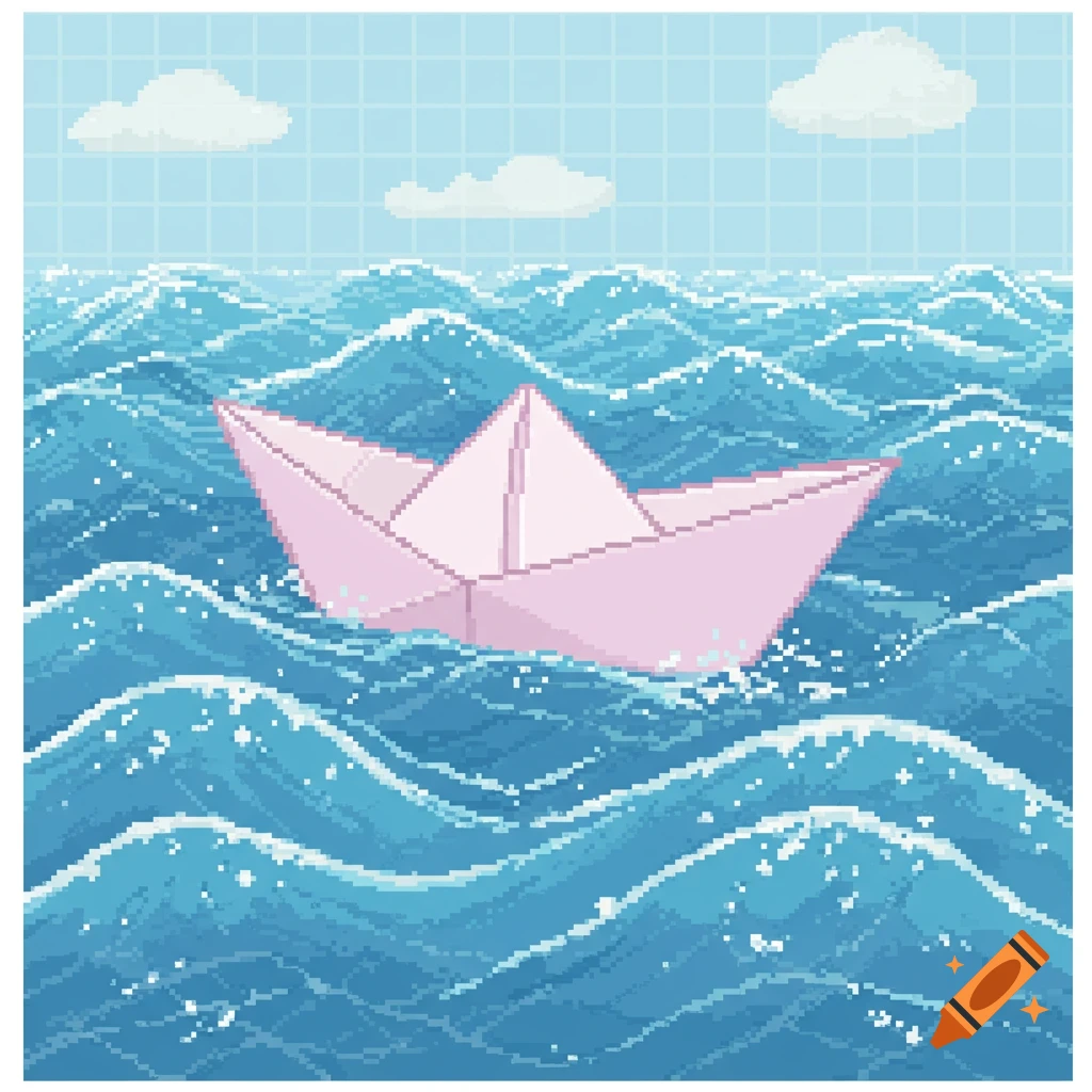 A pink pixel art origami boat floats on blue pixel art ocean waves under a light blue sky with pixel art clouds.