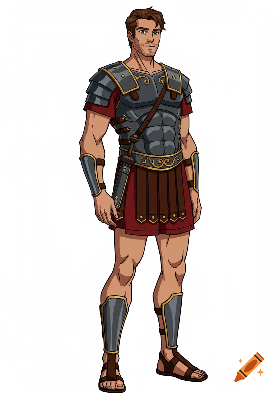 Full-body stylized animation of a handsome young man in Roman legionary armor with a confident stance.